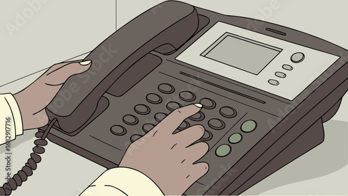 Person dialing a business telephone with a handset
