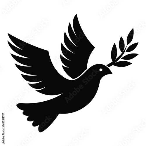 Stylized silhouette dove with olive branch bird flight