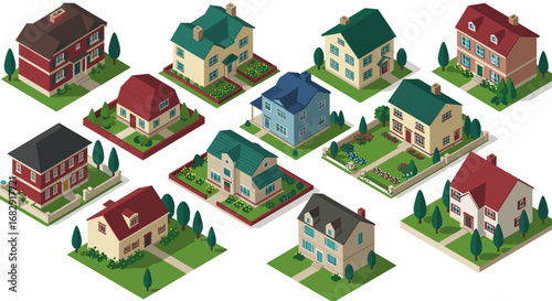 Isometric suburban houses collection with gardens and trees in various styles