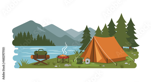 Serene camping scene with tent by lakeside in pine forest