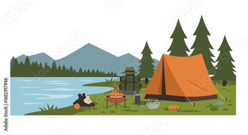 Camping by the lakeside with tent in nature scene featuring mountains and forest