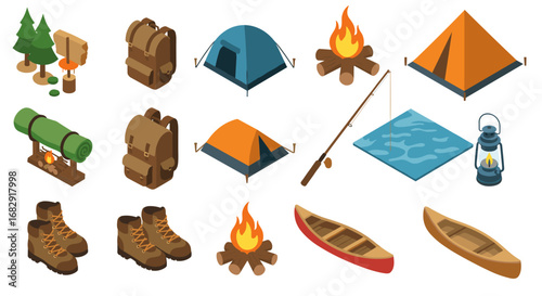 Isometric camping gear icons: tents, fire, fishing, backpack, canoe for outdoor adventure