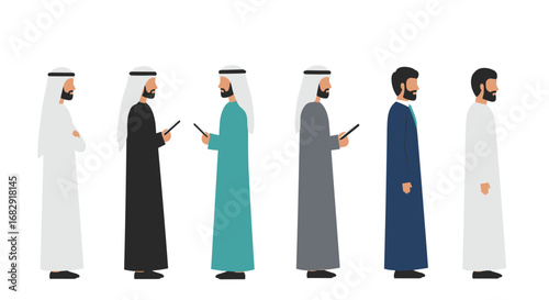 Middle eastern men in traditional attire communicating and using smartphones
