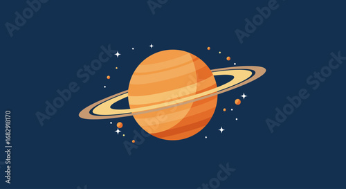 Planet Saturn with Rings Illustration on a Dark Blue Background