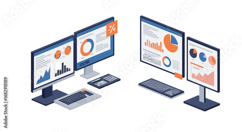 Isometric financial data analysis on dual monitors with graphs and charts displayed