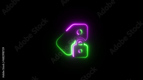 Neon Tag With Lock Icon On Black Background security