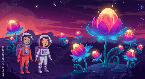 Young astronauts discovering exotic alien flowers on a distant planet