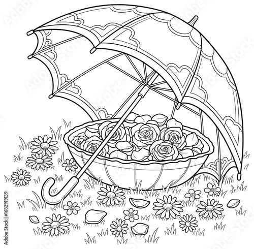 Umbrella illustration featuring roses arranged in open parasol placed on grassy field with daisies and scattered petals in decorative black and white vector design