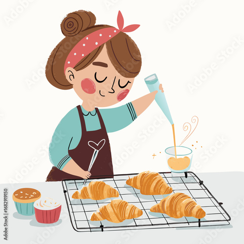 Cute cartoon girl happily baking fresh croissants and cupcakes.