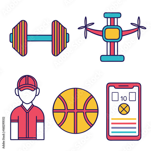 Vector illustration of Collection of sports and technology icons: dumbbell, drone, person,