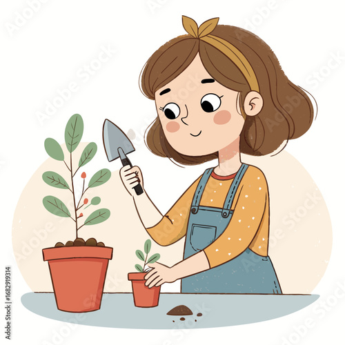 Cute cartoon girl happily potting a small plant.