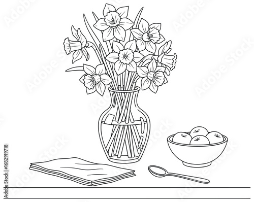 Daffodil illustration featuring blooming flowers arranged in a clear glass vase placed on a table with folded napkin bowl of apples and spoon in detailed black and white vector design