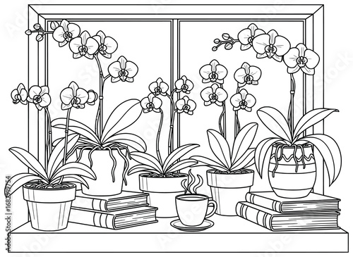 Orchid illustration featuring blooming houseplants in decorative pots placed on a windowsill with stacked books and a steaming cup in detailed black and white vector design