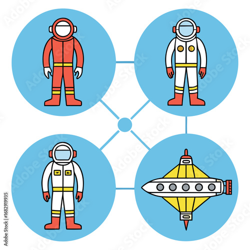 Vector illustration of Astronauts and Spaceship Connected in a Diagram