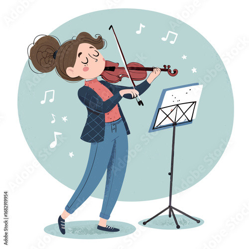 Cute cartoon girl playing the violin with musical notes.