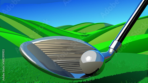 Golf club ready to strike on a lush green course
