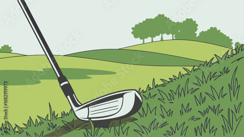 Golf club resting on a lush green golf course