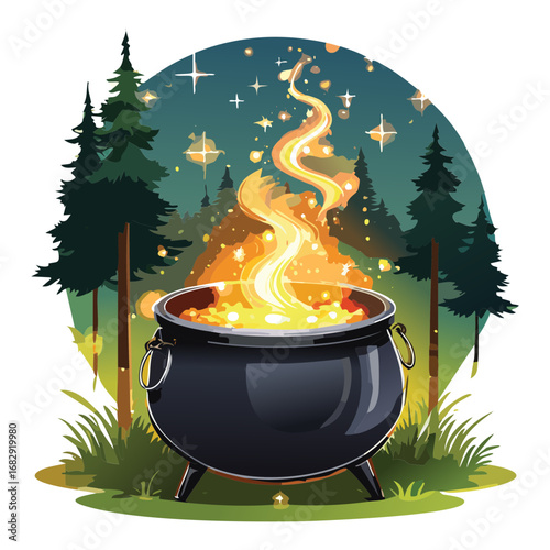 Magical Witch's Cauldron with Green Potion and Bubbles Glowing Spells Halloween Vector Illustration