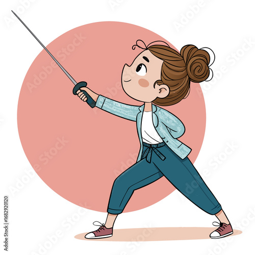 Cute cartoon girl practicing fencing with a foil sword.