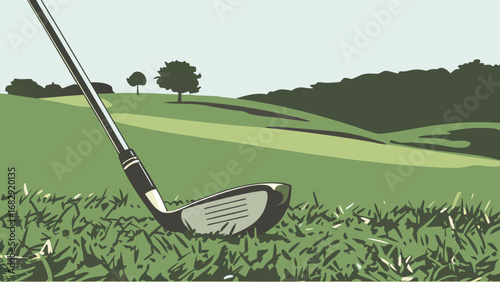 Golf club resting on a lush green golf course