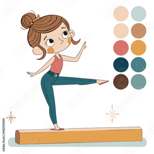 Cute cartoon girl practicing gymnastics on a balance beam.
