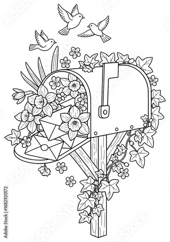 Mailbox vector illustration of an open postbox decorated with blooming flowers and flying birds holding envelopes surrounded by ivy vines in a charming decorative outdoor composition