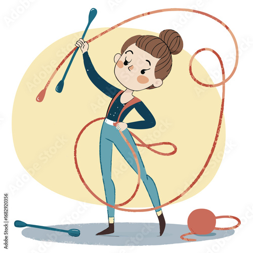Cute Cartoon Girl Practicing Rhythmic Gymnastics.