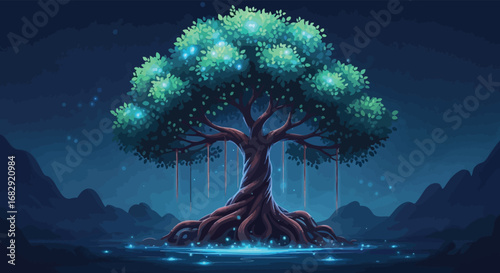A mystical tree of life with a glowing canopy and luminous roots.