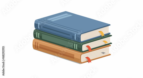 Stack of Three Colorful Books with Bookmarks for Reading and Education on Isolated White Background