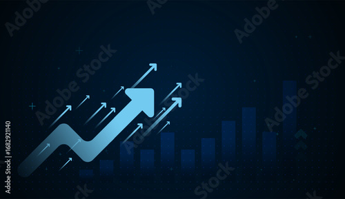 The Finance graph arrows up investment moving Forward for investment, and Upward Finance vector concept, Blue dark background business trading growth conceptsa