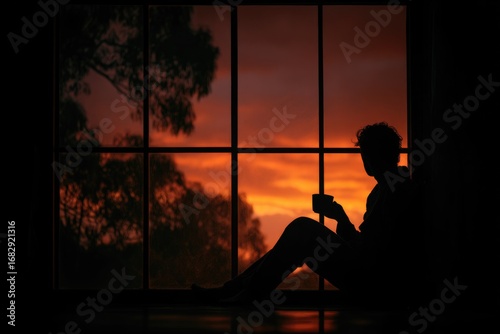 Silhouette of a person sitting by a large window, watching the sunset with a cup of tea, warm moody tones.