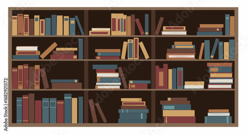 Wooden Bookshelf Filled with Various Books for Reading and Learning in a Cozy Library Setting