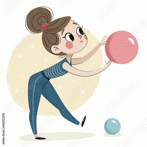 Cute girl in a blue leotard doing rhythmic gymnastics with a pink ball.