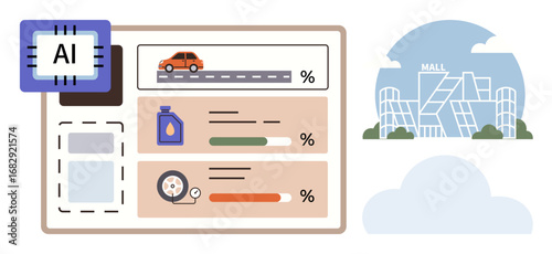 Automotive dashboard analyzing performance data with AI chip, car stats panel, urban landscape view. Ideal for AI, vehicle tracking, smart city, technology, innovation, transportation data