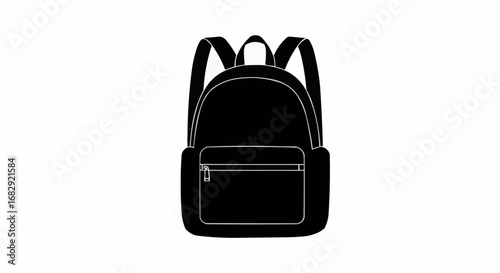 Minimalist Black Backpack with Front Pocket on an Isolated White Background, School and Travel Accessory