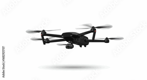 Modern Black Drone Flying and Hovering on an Isolated White Background, Aerial Photography and Technology Concept