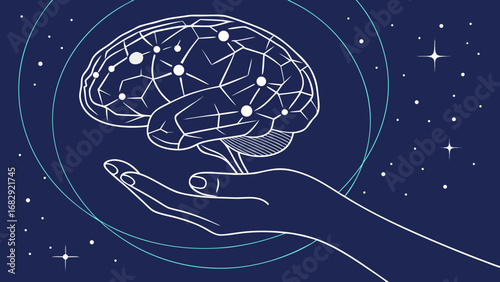 Hand cradling a stylized brain against a starry night sky