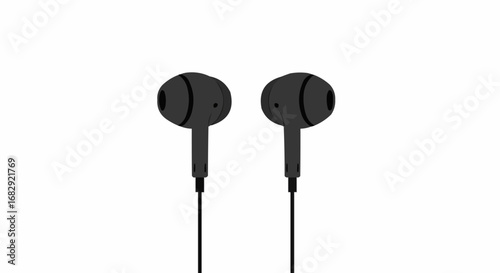 Pair of black modern wired in-ear headphones or earphones with a cable, displayed on an isolated white background.
