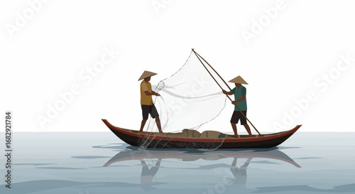 Two men in traditional hats fishing with a net from a small boat on calm water, depicting a traditional fishing activity.