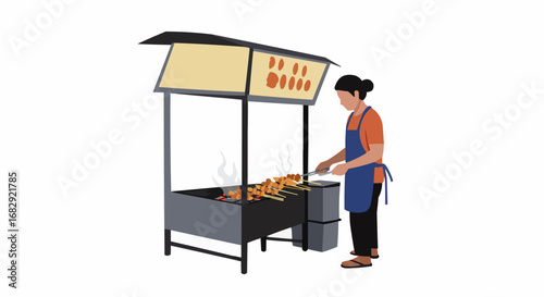 Woman grilling skewers at a vibrant street food stall, preparing delicious meals for customers in a bustling market environment.