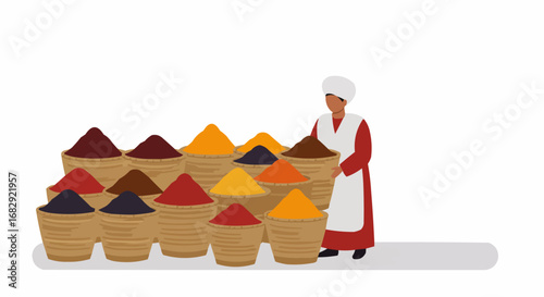 Woman vendor standing with various spices in traditional baskets, showcasing colorful ingredients on an isolated white background.