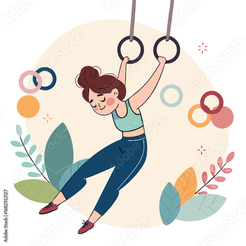 Fit woman in sportswear hanging on gymnastic rings.