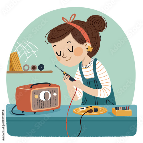 Focused Young Woman Fixing an Old Radio with a Soldering Iron.