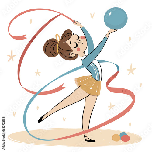 Graceful Rhythmic Gymnast Girl with Ball and Ribbon.