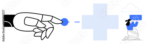 Robotic hand interacts with a blue dot, connected to a developer holding a code panel. Ideal for technology, AI, automation, innovation, software development, teamwork, simple landing page