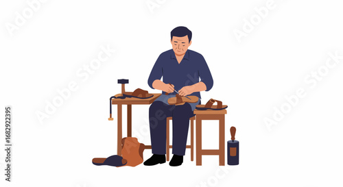 Traditional cobbler or shoemaker crafting and repairing leather shoes with various tools on a workbench on an isolated white background, displaying skilled labor.