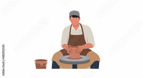 Man potter shaping clay on a pottery wheel, skillfully creating traditional ceramics on an isolated white background, depicting creative craftsmanship.