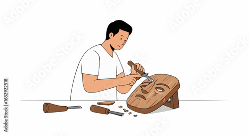 Artisan man focused on carving a traditional wooden mask with various tools on a workbench on an isolated white background, showcasing artistic skill.