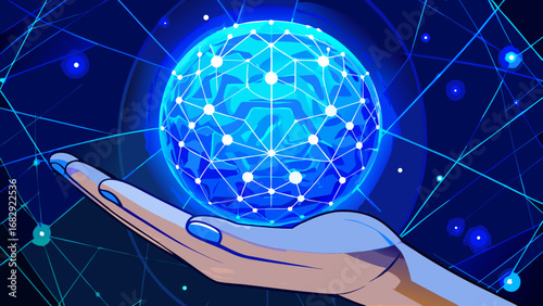 Hand holding a glowing blue network sphere