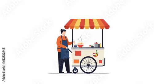Street food vendor cooking and selling hot noodles from a colorful mobile cart on an isolated white background, showing urban culinary scene.